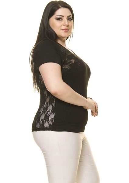 Kadın Büyük Beden Siyah Fermuarlı Dantelli Bluz 16D-70005 indirimleri