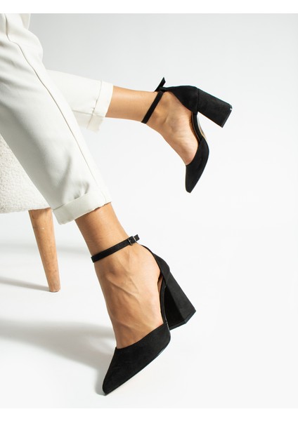 85 Cm Siyah Süet Kalın Topuk Bilekten Bağlamalı Stiletto Topuklu Ayakkabı modelleri
