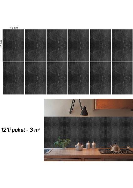 Kendinden Yapışkanlı Belgium Black Mermer Desenli Pvc Panel 41X62 cm (4 Adet) 1 M²