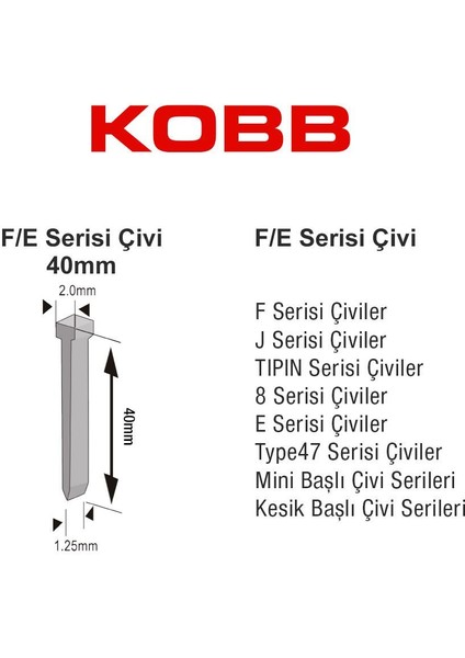 Kobb KBZ40F 40 mm 2500 Adet F/e/j/8 Serisi Ağır Hizmet Tipi Kesik Başlı Çivi