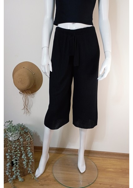 Kadın Fitilli Çizgili Raporlu Pamuklu Bermuda Pantolon