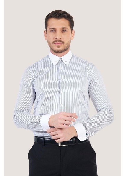 Erkek Çizgili Yaka İğneli Slim Fit Gömlek