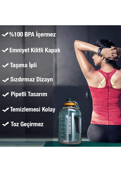 Şeffaf Motivasyon Matara 2200 ml Suluk Su Şişesi - Bpa Içermez