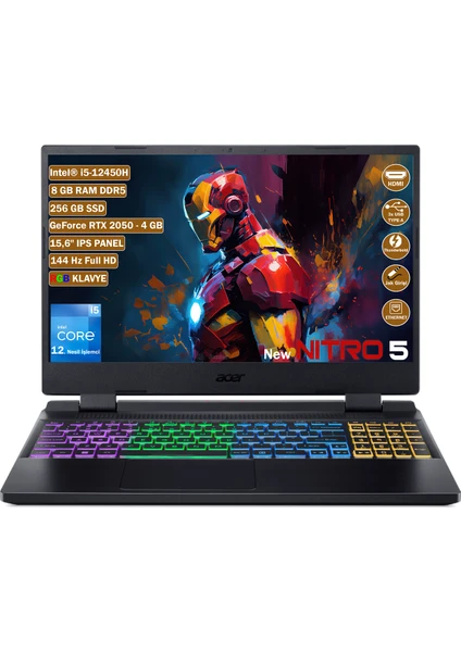 Nitro 5 Intel Core i5 12450H 8 GB 256 GB SSD Rtx 2050 4 GB Freedos 15,6" 144 Hz Fhd IPS Taşınabilir Bilgisayar NH.QMZEY.003