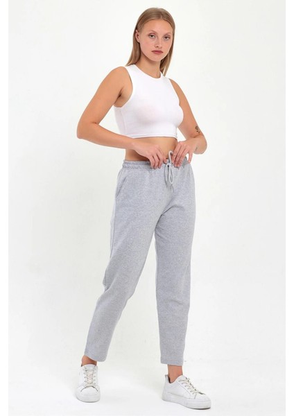 Kadın Gri-Lacivert Regular Fit Düz Paça Beli Lastikli Bağcıklı 2'li Eşofman Altı modelleri