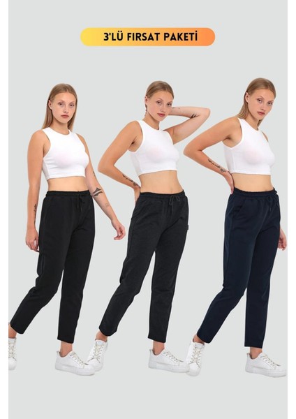 Kadın Siyah-Lacivert-Antrasit Regular Fit Düz Paça Beli Lastikli Bağcıklı 3'lü Eşofman Altı