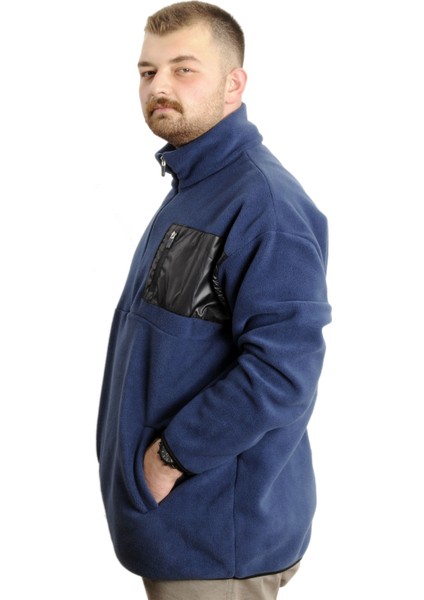 Büyük Beden Erkek Sweat Yarım Fermuarlı Garnili Polar 23552 Indigo