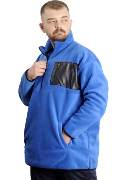 Büyük Beden Erkek Sweat Yarım Fermuarlı Garnili Polar 23552 Mavi