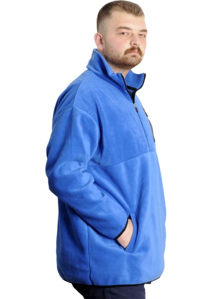 Büyük Beden Erkek Sweat Yarım Fermuarlı Garnili Polar 23552 Mavi