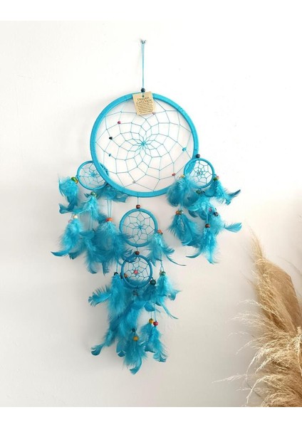 Düş Rüya Kapanı Taş Makrome Dreamcatcher Kuş Tüyü Renkli Boncuk Duvar Süsü Elişi