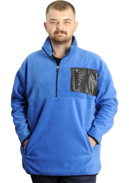 Büyük Beden Erkek Sweat Yarım Fermuarlı Garnili Polar 23552 Mavi