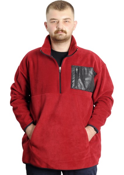 Büyük Beden Erkek Sweat Yarım Fermuarlı Garnili Polar 23552 Bordo
