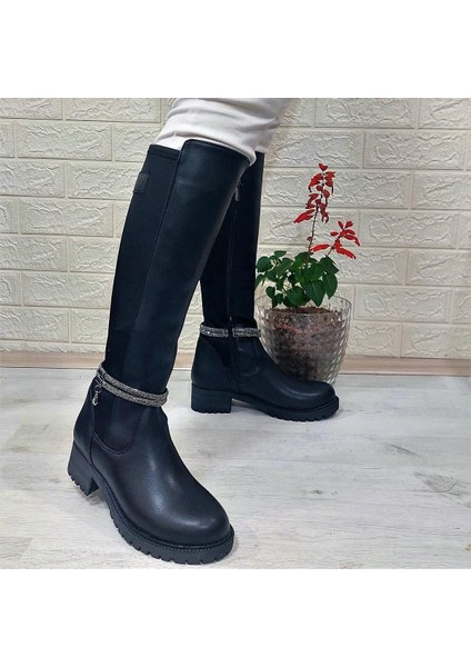 M.p 2753 Siyah Taşlı Ligralı Fermuarlı 45CM Bayan Çizme