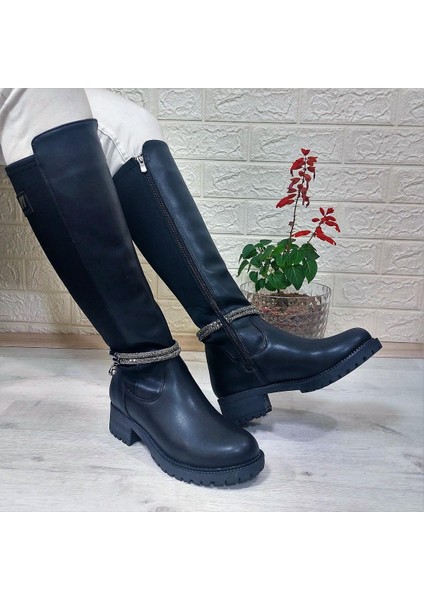 M.p 2753 Siyah Taşlı Ligralı Fermuarlı 45CM Bayan Çizme modelleri