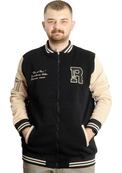 Büyük Beden Erkek Kolej Mont Fermuarlı Ceket Reputatıon 23634 Siyah-Bej