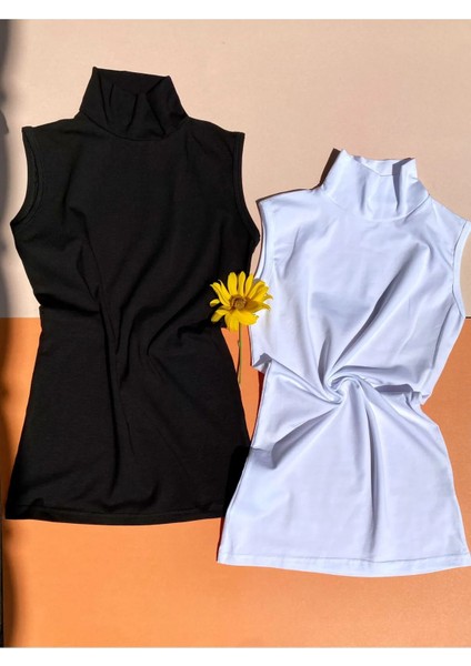 Pamuklu Likralı (2 Adet) Siyah ve Beyaz Iç Göstermeyen Sıfır Kol Kadın T-Shirt