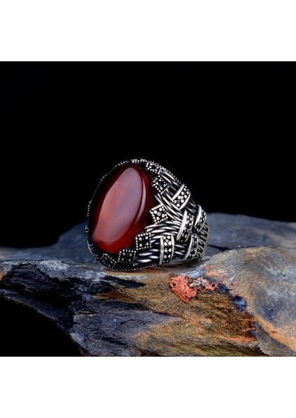 Akik Taşlı Oval Model 925 Ayar Gümüş Erkek Yüzük