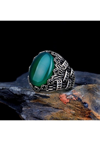 Akik Taşlı Oval Model 925 Ayar Gümüş Erkek Yüzük