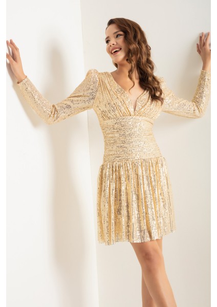 Kadın Gold Uzun Kol Pullu Mini Gece Elbisesi