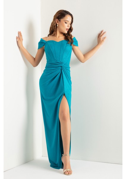 Kadın Turkuaz Kruvaze Astarlı Korse Detaylı Uzun Simli Abiye