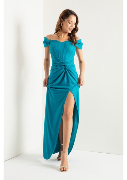 Kadın Turkuaz Kruvaze Astarlı Korse Detaylı Uzun Simli Abiye modelleri