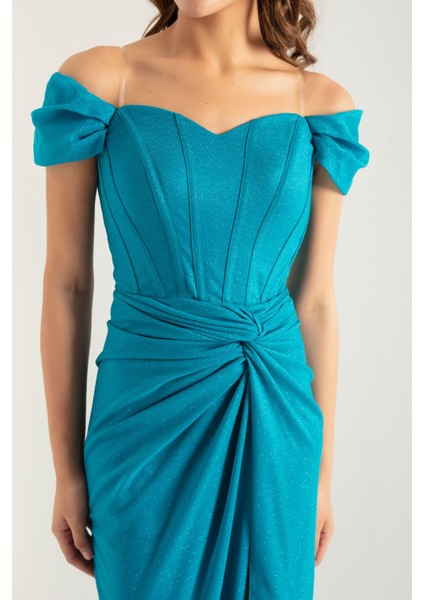 Kadın Turkuaz Kruvaze Astarlı Korse Detaylı Uzun Simli Abiye fırsatları