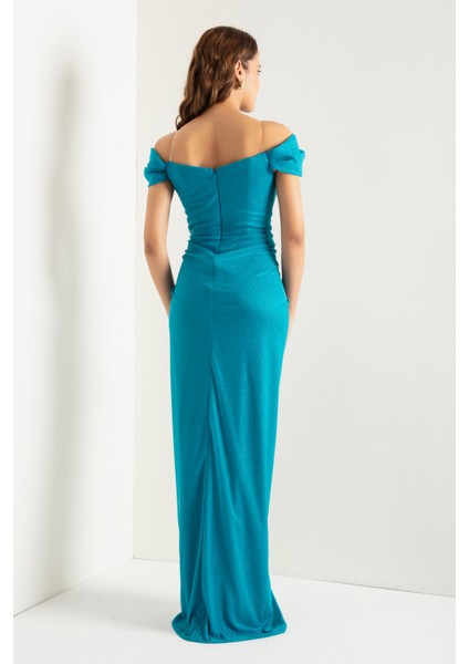Kadın Turkuaz Kruvaze Astarlı Korse Detaylı Uzun Simli Abiye indirimleri