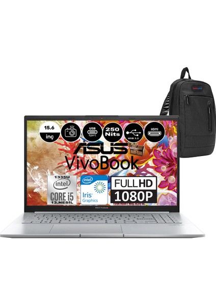 Vivobook X1504VA Intel Core I5-1335U 8gb 1tb SSD Iris Xe Graphics 15.6″ Full Hd Windows 11 Home Taşınabilir Bilgisayar WNJ104H02+WEBLEGELSIN Çanta