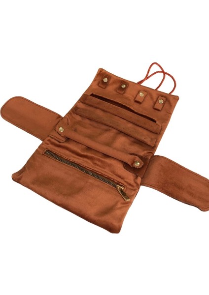 Takı,seyahat ve Mücevher Rulosu& Düzenleyicisi ve Çantası /parlak Süet Kiremit(Fermuarlı ve Ipli)