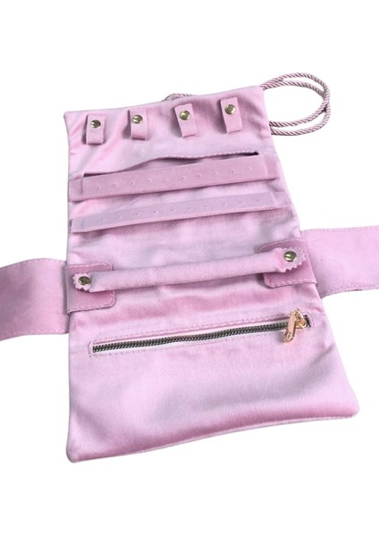 Takı,seyahat ve Mücevher Rulosu& Düzenleyicisi ve Çantası /parlak Süet Pembe(Fermuarlı ve Ipli)