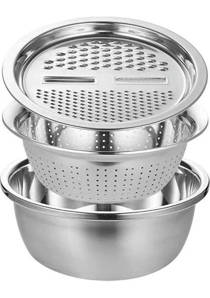 Gümüş 3 In 1 Sebze Dilimleme Kesici Drenaj Sepeti Paslanmaz Çelik Sebze Julienne Rende Salata Makinesi Kase Mutfak Aletleri (Yurt Dışından)