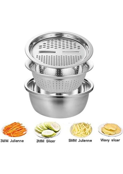 Gümüş 3 In 1 Sebze Dilimleme Kesici Drenaj Sepeti Paslanmaz Çelik Sebze Julienne Rende Salata Makinesi Kase Mutfak Aletleri (Yurt Dışından) fiyatları