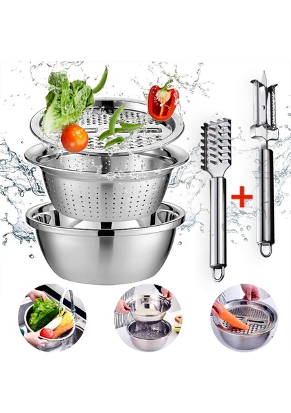 Gümüş 3 In 1 Sebze Dilimleme Kesici Drenaj Sepeti Paslanmaz Çelik Sebze Julienne Rende Salata Makinesi Kase Mutfak Aletleri (Yurt Dışından) modelleri