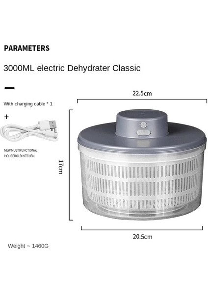 Elektrikli Gri 3l Sebze Kurutucu Elektrikli Sebze Kurutma Makinesi Süzgeç Meyve ve Sebze Kuru Islak Ayırma Kurutucu Mutfak Aletleri (Yurt Dışından)