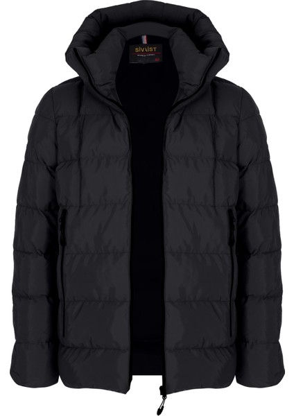 Erkek Siyah Su ve Rüzgar Geçirmez Sabit Kapüşonlu Pofuduk Yaka Kalın Içi Kürklü Şişme Mont&kaban fiyatları