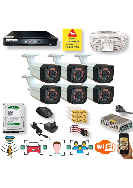 6 KAMERALI SET - İNSAN YÜZ VE HAREKET ALGILAYAN 1080P 5MP SONY LENS GÜVENLİK KAMERASI SETİ 7808