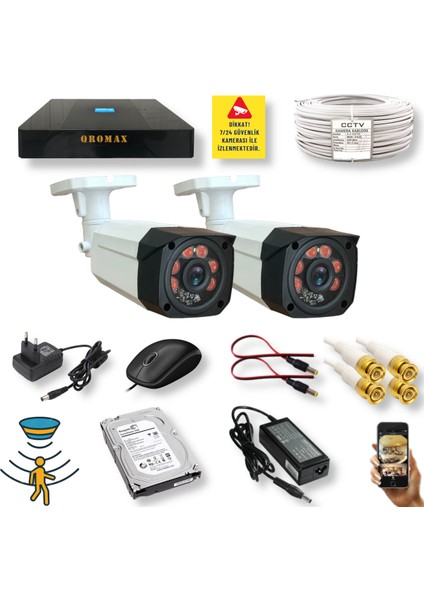 2 KAMERALI SET - HAREKET ALGILAYAN 1080P GECE GÖRÜŞLÜ 5MP SONY LENS GÜVENLİK KAMERASI SETİ 7808