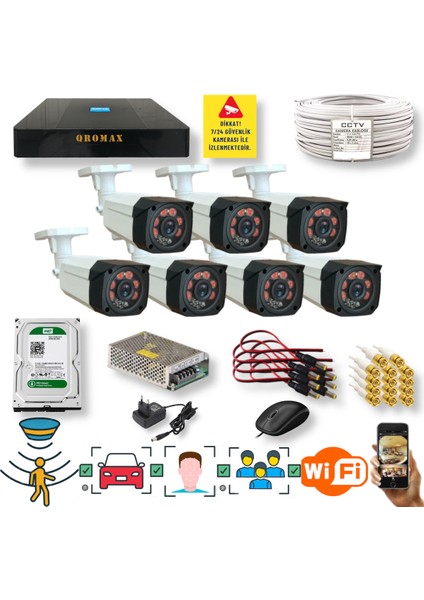 7 KAMERALI SET - İNSAN YÜZ VE HAREKET ALGILAYAN 1080P 5MP SONY LENS GÜVENLİK KAMERASI SETİ 7808