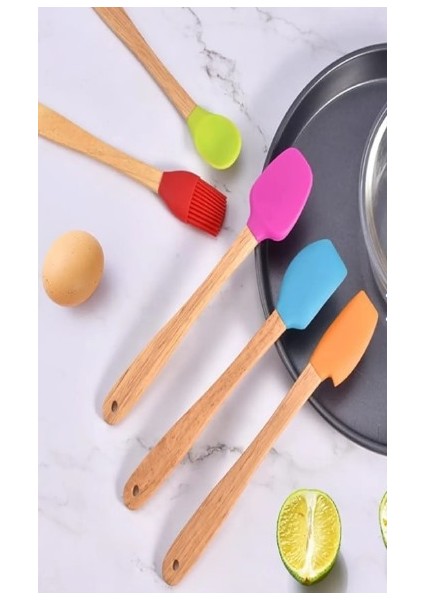 5 Parça Mini Silikon Spatula Kaşık Fırça Seti - High Quality - Bambu Saplı