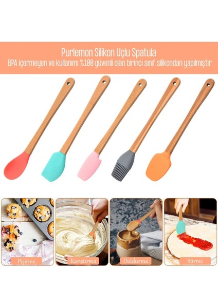 5 Parça Mini Silikon Spatula Kaşık Fırça Seti - High Quality - Bambu Saplı