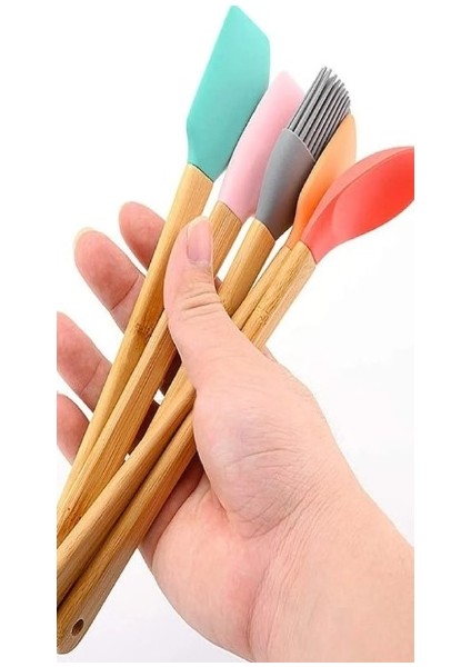 5 Parça Mini Silikon Spatula Kaşık Fırça Seti - High Quality - Bambu Saplı