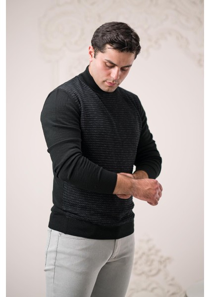 Regular Fit Yarım Balıkçı Kendinden Desenli Yünlü Erkek Kazak