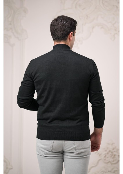 Regular Fit Yarım Balıkçı Kendinden Desenli Yünlü Erkek Kazak
