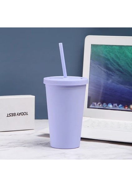Pueple 450ML 450ML Mat Feel Kahve Fincanı Gıda Sınıfı Pp Plastik Macaron Öğrenci Fincan Şeker Renkli Su Bardağı 450ML Buzlu Plastik Pipetli Bardak (Yurt Dışından)