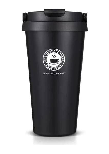Siyah 500 ml Basit Isı Yalıtım Kahve Fincanı Erkek ve Kadın Ofis Kapaklı Taşınabilir Eşlik Eden Kupa Paslanmaz Çelik Bardak (Yurt Dışından)