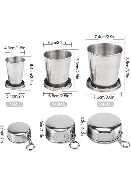 3 Adet Taşınabilir Katlanabilir Bardak 75 ML/150 ML/250 ml Açık Seyahat Katlanabilir Kahve Kupa Teleskopik Yürüyüş Kamp Su Paslanmaz Çelik (Yurt Dışından)