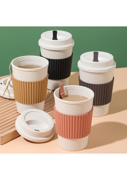 Pembe 450 ml Yeniden Kullanılabilir Kapaklı Kahve Fincanları Buğday Samanı Taşınabilir Kahve Fincanı Bulaşık Makinesinde Yıkanabilir Çevre Dostu Kahve Kupa Kahve Çay Espresso Bardak (Yurt Dışından)
