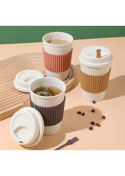 Pembe 450 ml Yeniden Kullanılabilir Kapaklı Kahve Fincanları Buğday Samanı Taşınabilir Kahve Fincanı Bulaşık Makinesinde Yıkanabilir Çevre Dostu Kahve Kupa Kahve Çay Espresso Bardak (Yurt Dışından)