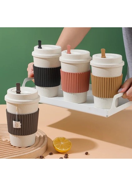 Pembe 450 ml Yeniden Kullanılabilir Kapaklı Kahve Fincanları Buğday Samanı Taşınabilir Kahve Fincanı Bulaşık Makinesinde Yıkanabilir Çevre Dostu Kahve Kupa Kahve Çay Espresso Bardak (Yurt Dışından)