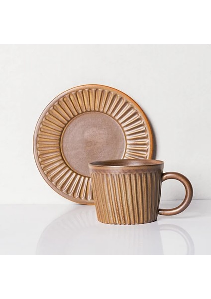 Sarı Kahve Fincanı Retro Seramik Kahve Fincanı ve Tabağı Seti 150 ml Japon Dikey Taneli Kaba Çömlek Yeniden Kullanılabilir Kahve Fincanı Cafe Tazas Latte Fincan (Yurt Dışından)